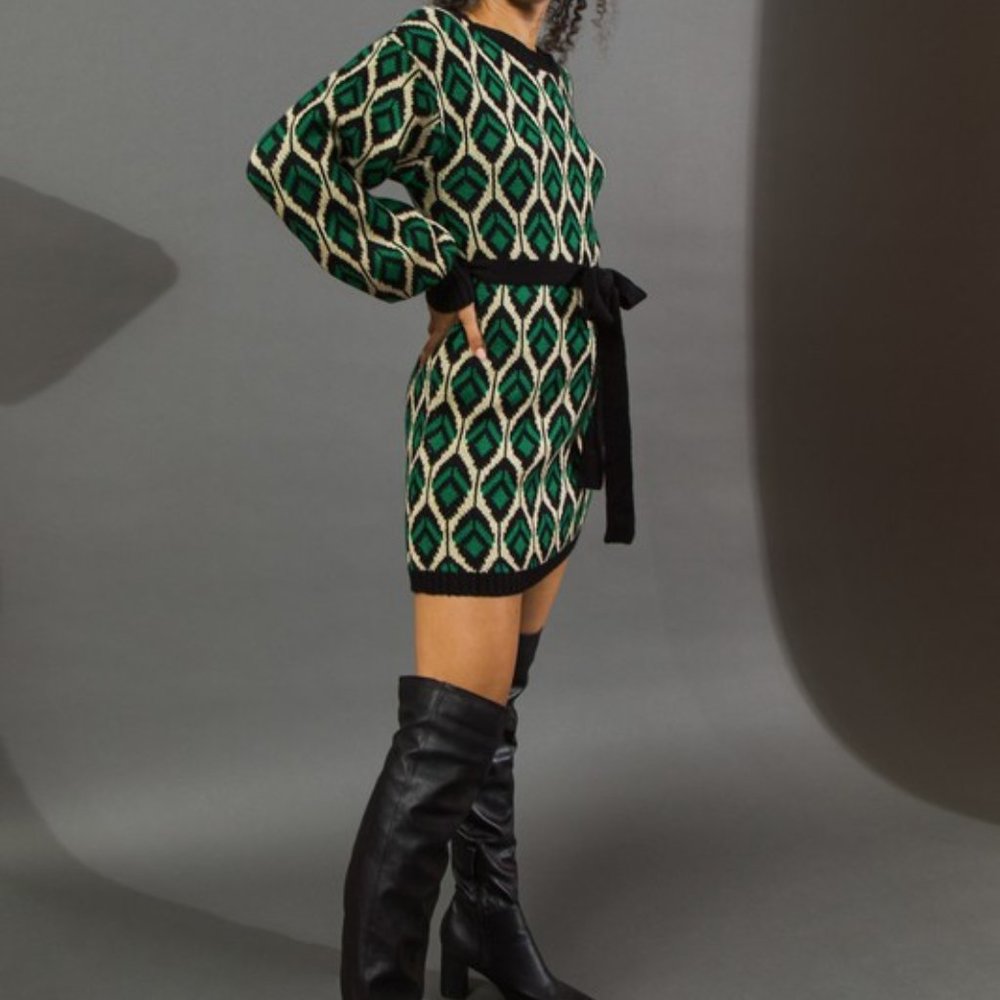 Green/Cream/Black Women's Sweater Knit Mini Dress
